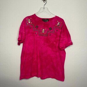 Crystal Hot Pink Studded Jewel Detailed Cuffed Short Sleeve Cotton Top XL